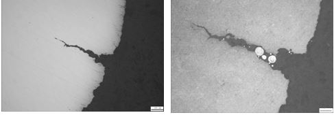 開口缺陷+淬火裂紋形貌 缺陷與裂紋放大形貌200× 開口缺陷+淬火裂紋形貌 缺陷與裂紋放大形貌200×