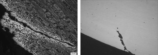 圖8-92 折疊裂紋組織 圖8-93未腐蝕的折疊裂紋 200&times;