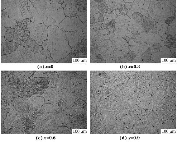 圖4 均勻化處理態(tài)MgG5ZnG1MnGxSn合金的顯微組織 圖4 均勻化處理態(tài)MgG5ZnG1MnGxSn合金的顯微組織